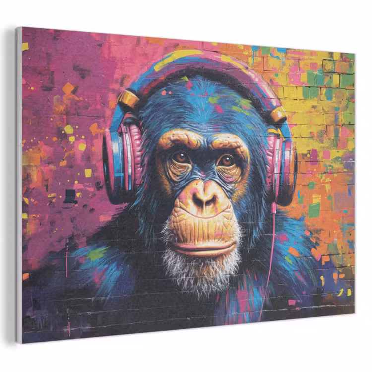 Akoestisch schilderij - Graffiti - Chimpanzee - Street art - Koptelefoon - Aap — 1