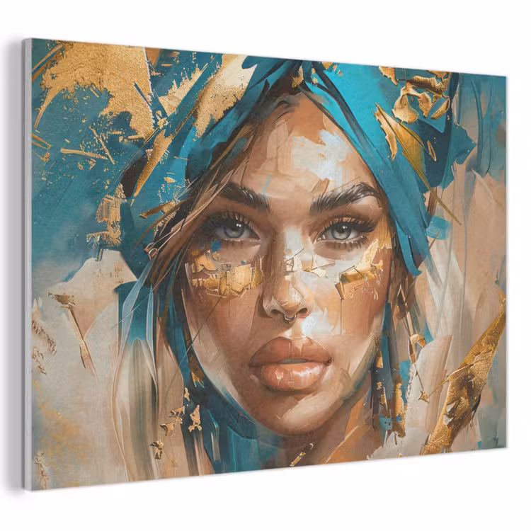 Akoestisch schilderij - Vrouw - Portret - Goud - Luxe - Blauw — 1