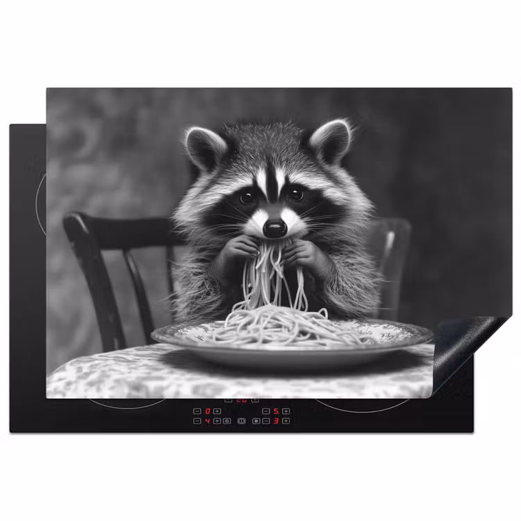 Inductiebeschermer - Wasbeer - Cute - Pasta - Tafelkleed - Zwart - Wit — 1
