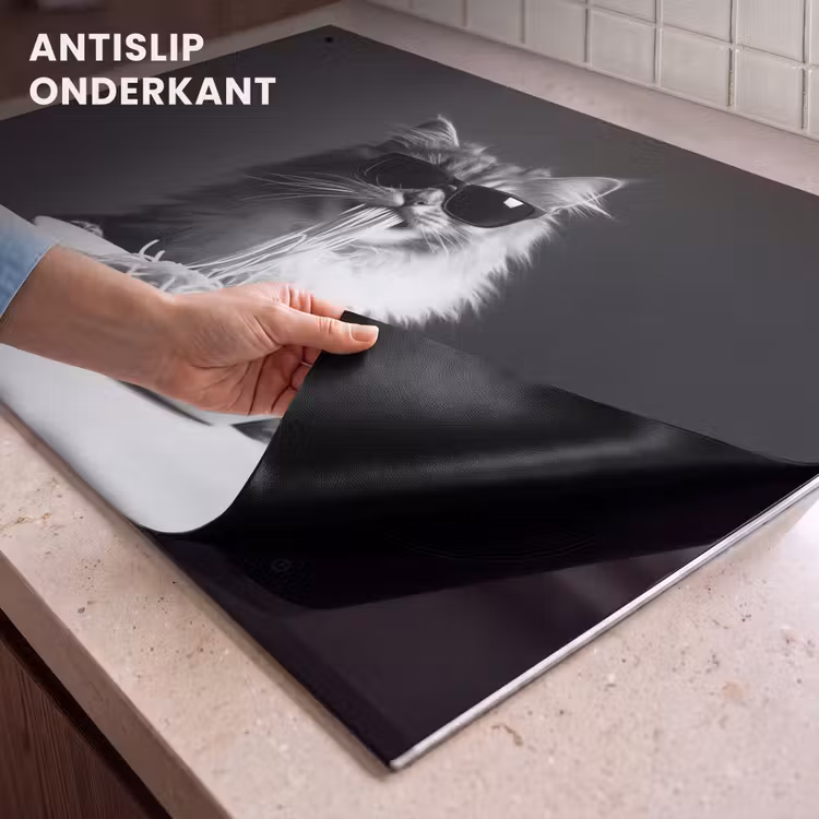 Inductiebeschermer & spatscherm (2in1) - Langharige kat - Zonnebril - Spaghetti - Humor - Zwart - wit — 4