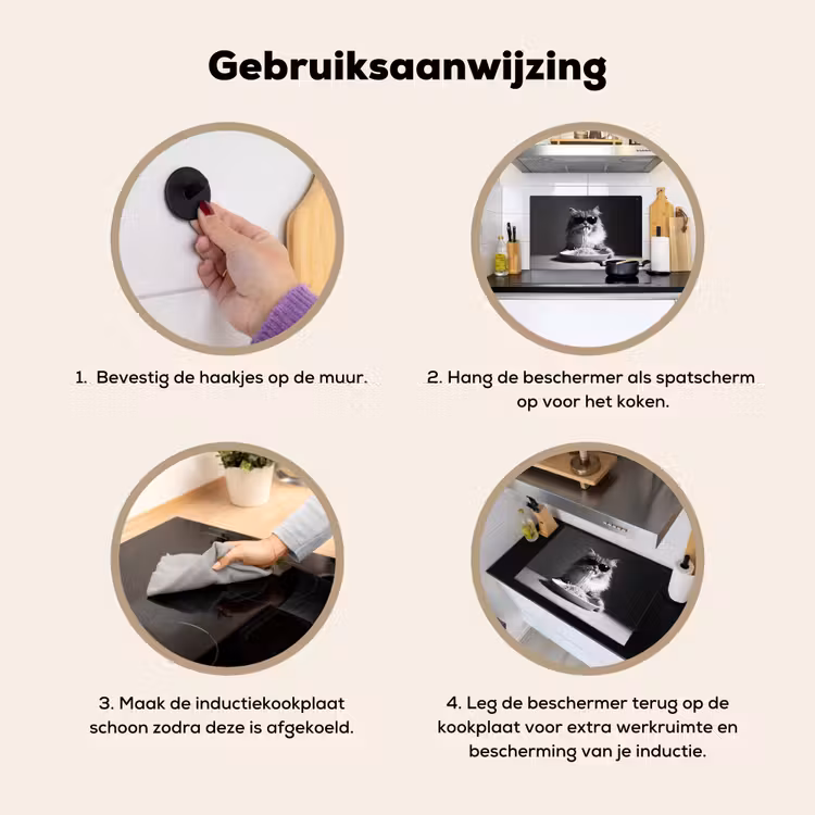 Inductiebeschermer & spatscherm (2in1) - Langharige kat - Zonnebril - Spaghetti - Humor - Zwart - wit — 6