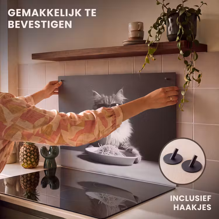 Inductiebeschermer & spatscherm (2in1) - Langharige kat - Zonnebril - Spaghetti - Humor - Zwart - wit — 7