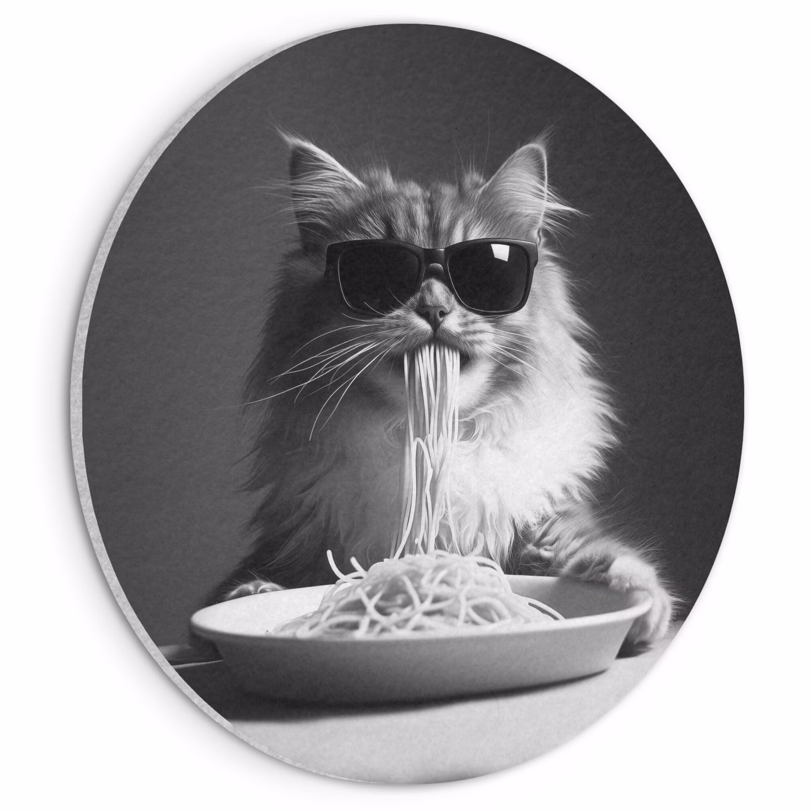 Akoestisch schilderij rond - Langharige kat - Zonnebril - Spaghetti - Humor - Zwart - wit — 1