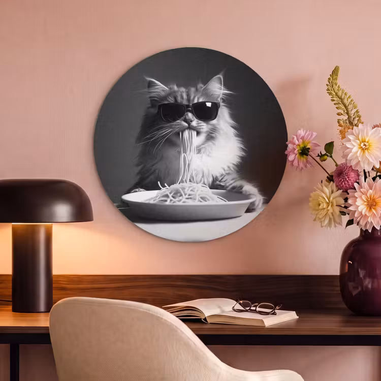 Akoestisch schilderij rond - Langharige kat - Zonnebril - Spaghetti - Humor - Zwart - wit — 2