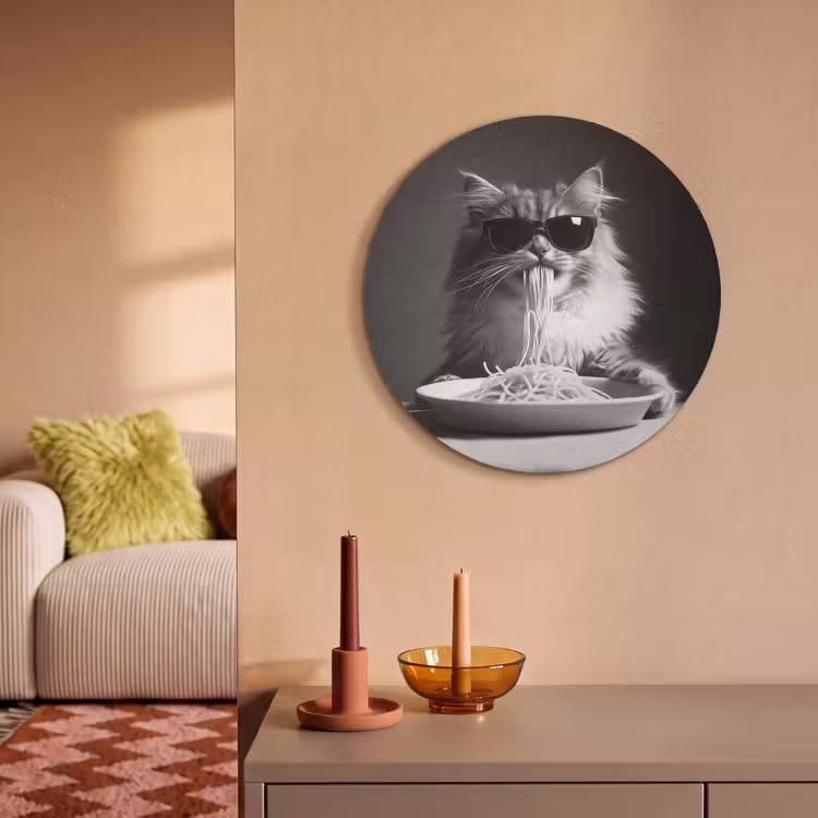 Akoestisch schilderij rond - Langharige kat - Zonnebril - Spaghetti - Humor - Zwart - wit — 3
