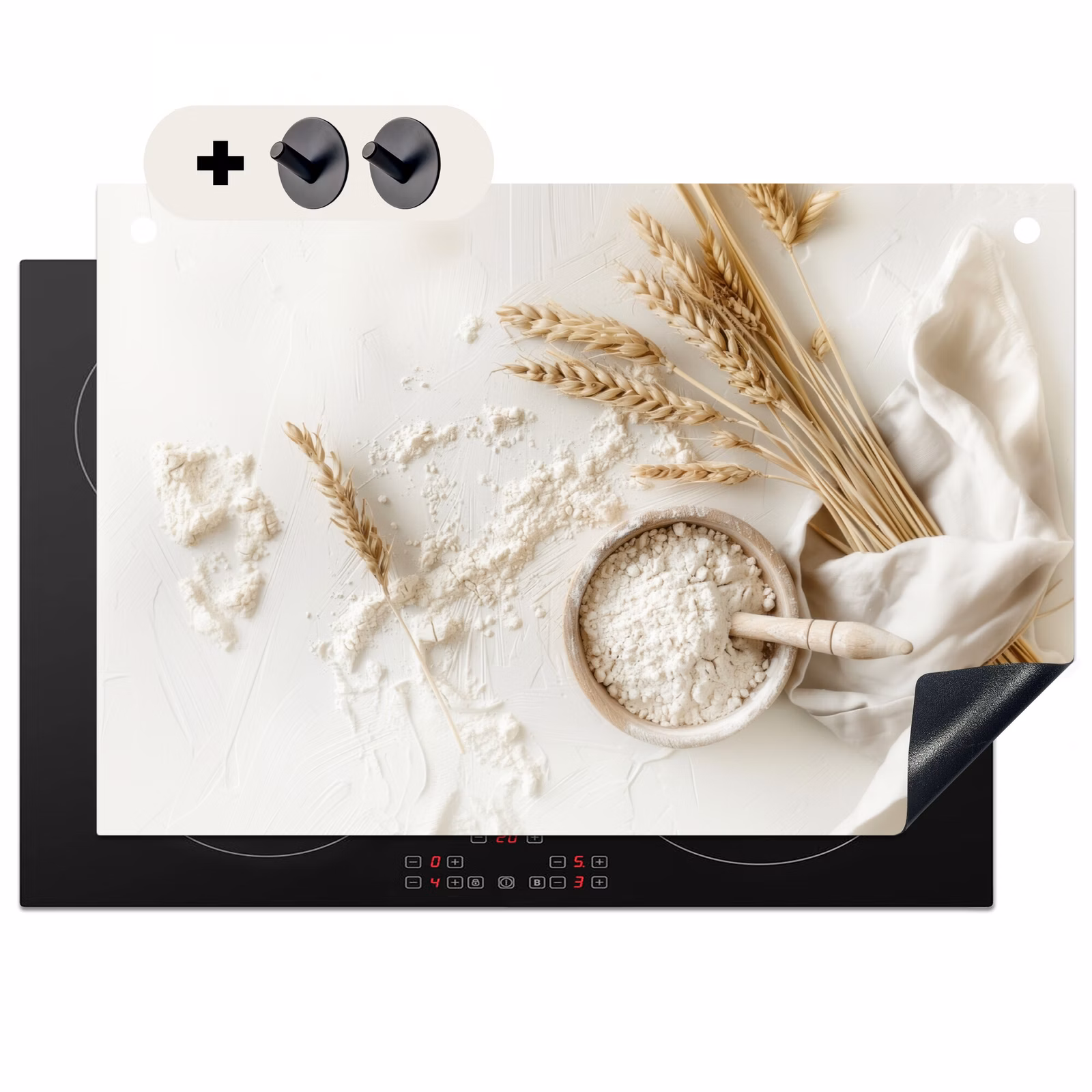 Inductiebeschermer & spatscherm (2in1) - Bloem - Hout - Tarwe — 1