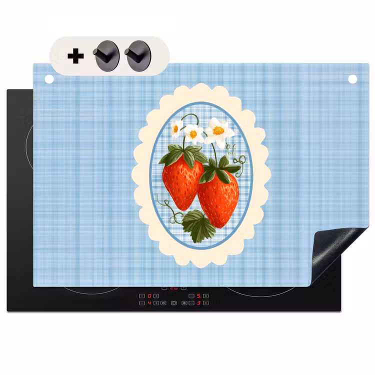 Inductiebeschermer & spatscherm (2in1) - Aardbeien - Lijst - Rood - Geruit — 1