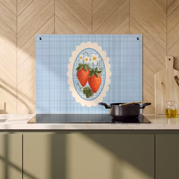 Inductiebeschermer & spatscherm (2in1) - Aardbeien - Lijst - Rood - Geruit — 2