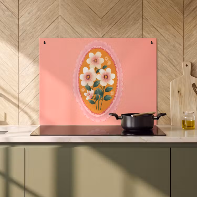 Inductiebeschermer & spatscherm (2in1) - Illustratie - Bloemen - Rand - Roze — 2
