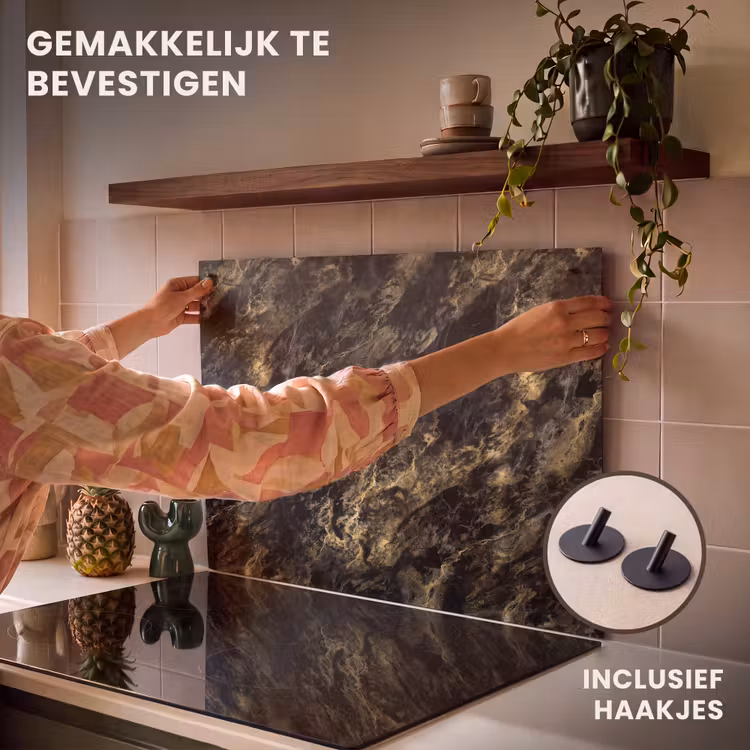 Inductiebeschermer & spatscherm (2in1) - Marmer - Zwart - Goud — 7