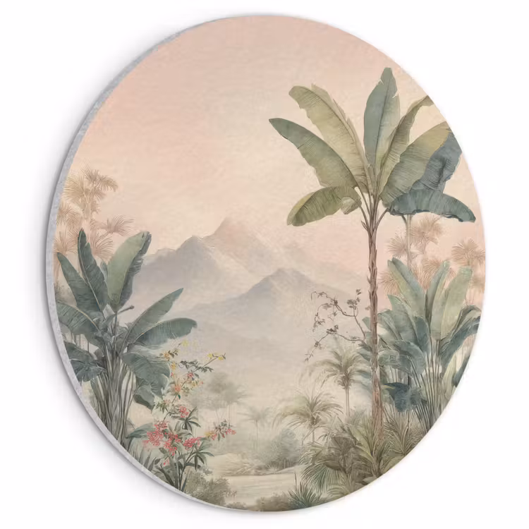 Akoestisch schilderij rond - Tropisch landschap - palmbomen - Bloemen - Roze lucht — 1