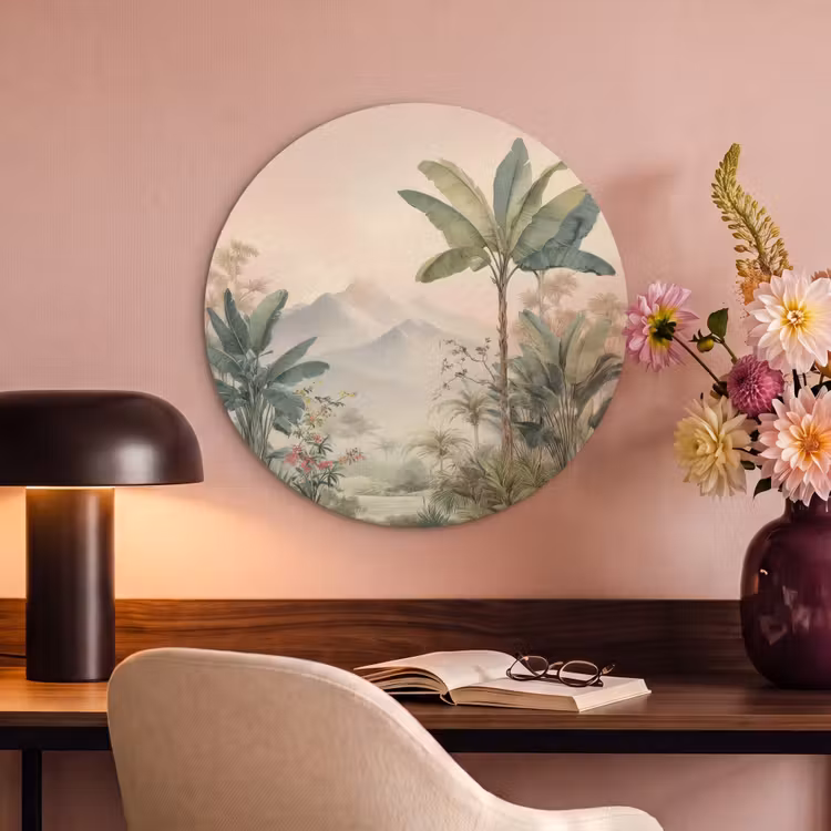 Akoestisch schilderij rond - Tropisch landschap - palmbomen - Bloemen - Roze lucht — 2