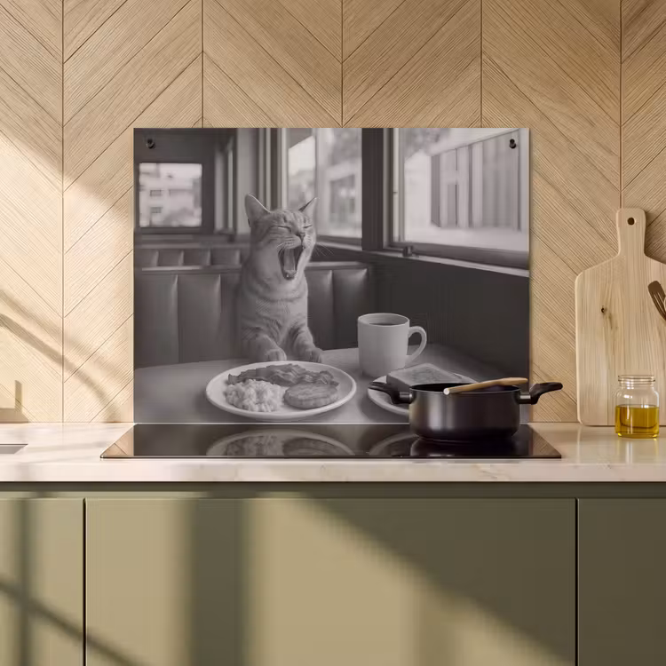 Inductiebeschermer & spatscherm (2in1) - Kat - Koffie - Brood - Zwart — 2