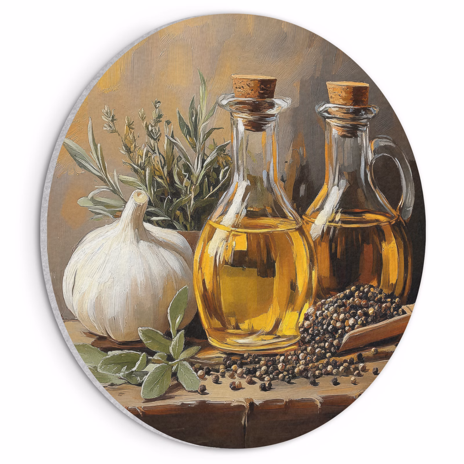 Akoestisch schilderij rond - Stilleven - Olijfolie - Knoflook - Kruiden — 1