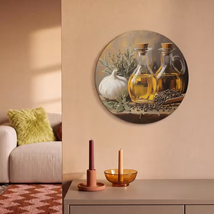 Akoestisch schilderij rond - Stilleven - Olijfolie - Knoflook - Kruiden — 3