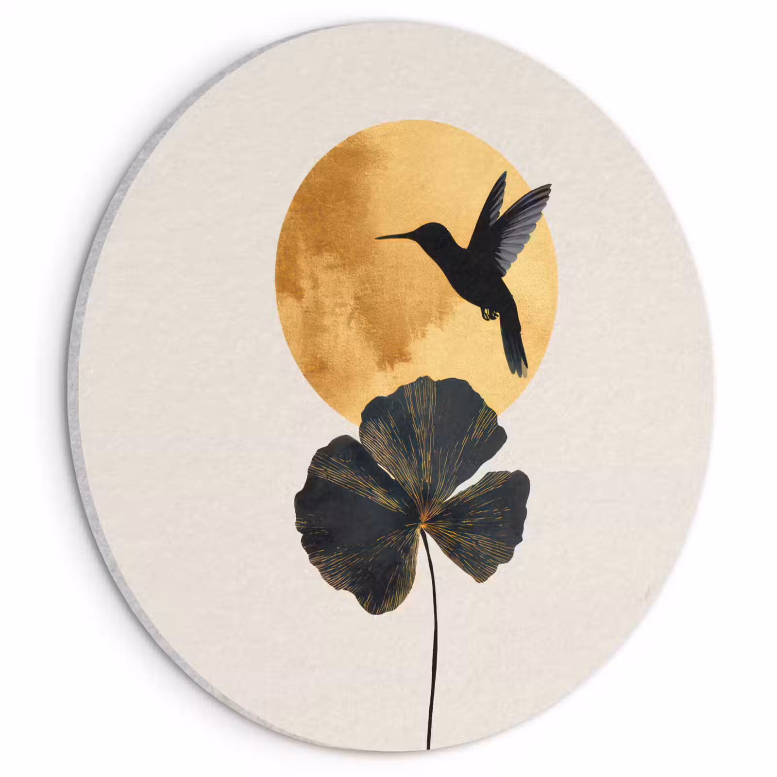 Akoestisch schilderij rond - Zwarte kolibrie - Bloem - Gouden cirkel — 1