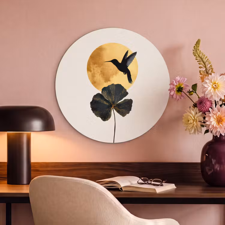 Akoestisch schilderij rond - Zwarte kolibrie - Bloem - Gouden cirkel — 2