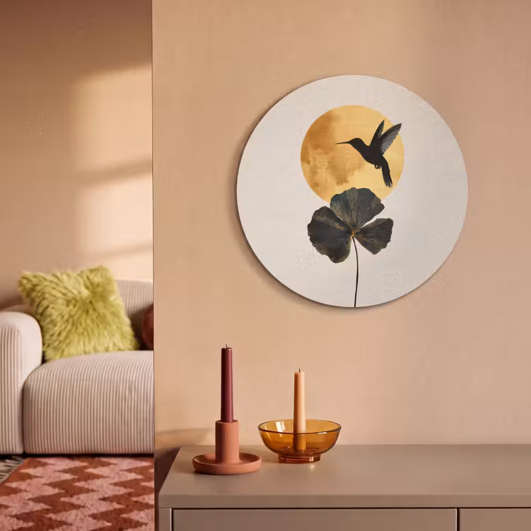 Akoestisch schilderij rond - Zwarte kolibrie - Bloem - Gouden cirkel — 3