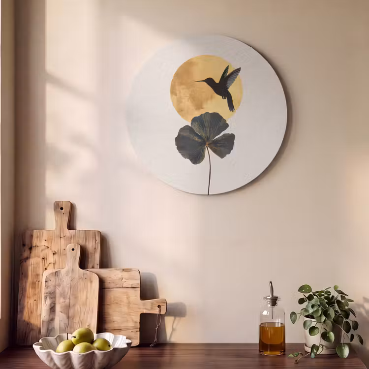 Akoestisch schilderij rond - Zwarte kolibrie - Bloem - Gouden cirkel — 4