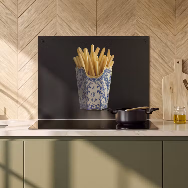Inductiebeschermer & spatscherm (2in1) - Friet - Porselein - Delfts blauw - Eten — 2
