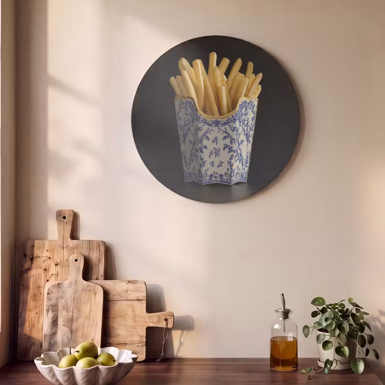 Akoestisch schilderij rond - Friet - Porselein - Delfts blauw - Eten — 4
