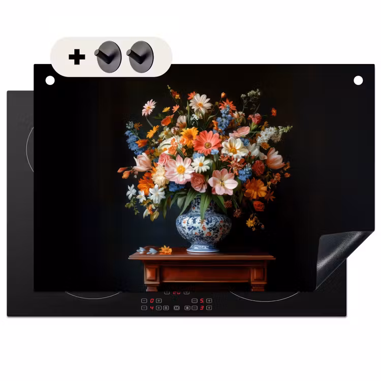 Inductiebeschermer & spatscherm (2in1) - Boeket - Roze - Bloemen - Vaas — 1