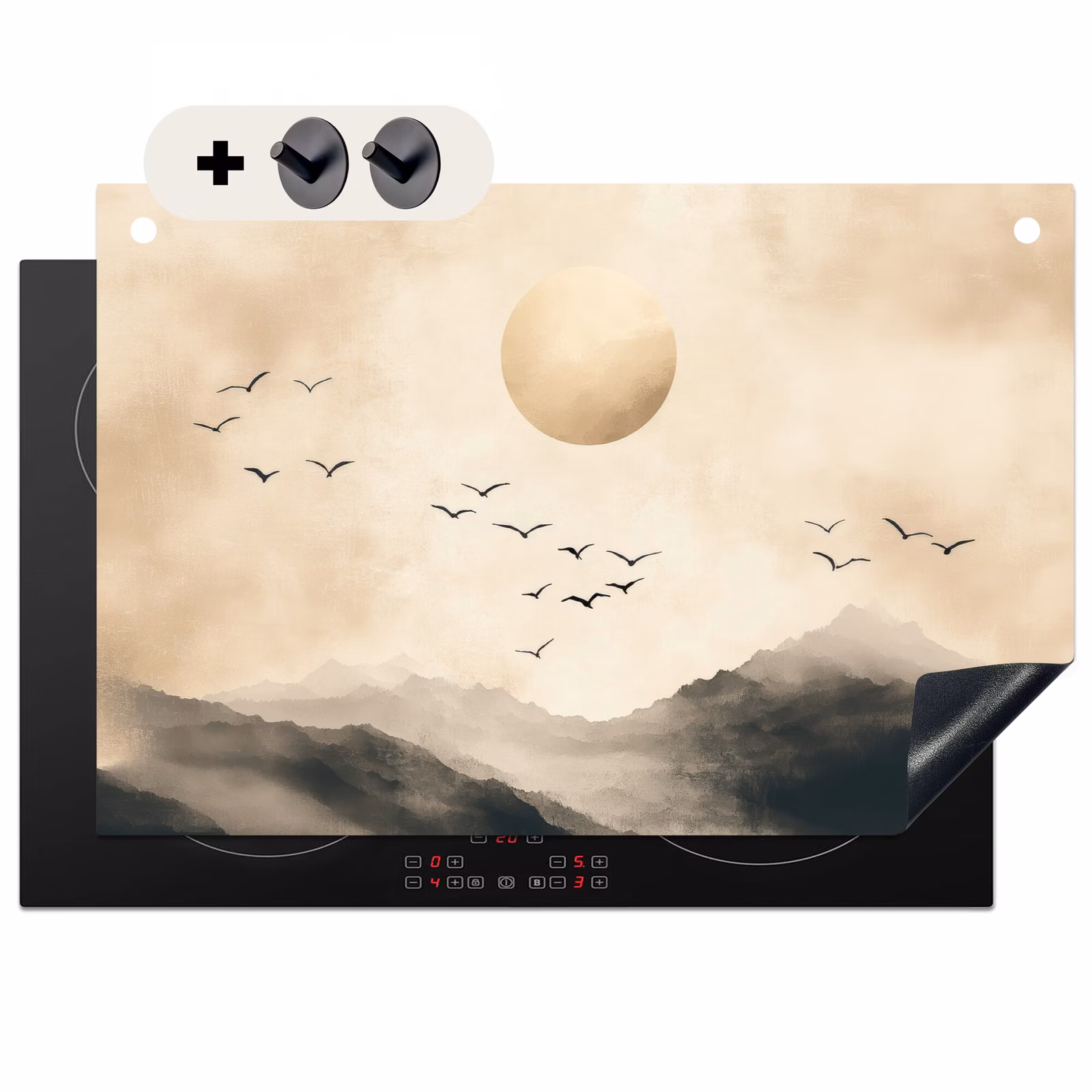 Inductiebeschermer & spatscherm (2in1) - Landschap - Japandi - vogel — 1