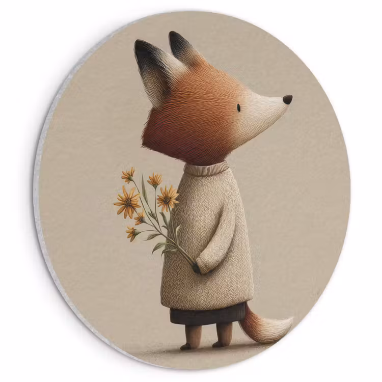 Akoestisch schilderij rond - Vos - Gele bloemen - Minimalistisch — 1
