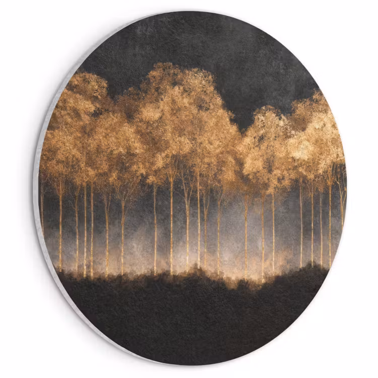 Akoestisch schilderij rond - Gouden Bomen in Mistig Landschap — 1