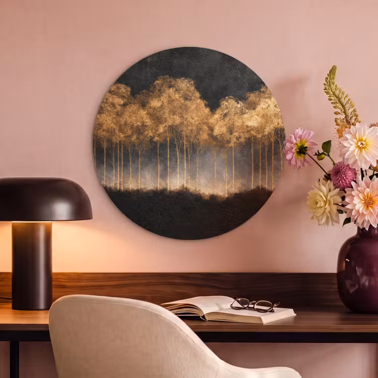 Akoestisch schilderij rond - Gouden Bomen in Mistig Landschap — 2