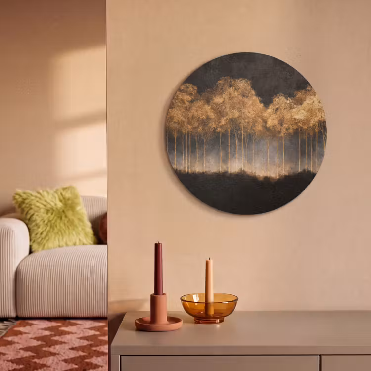 Akoestisch schilderij rond - Gouden Bomen in Mistig Landschap — 3