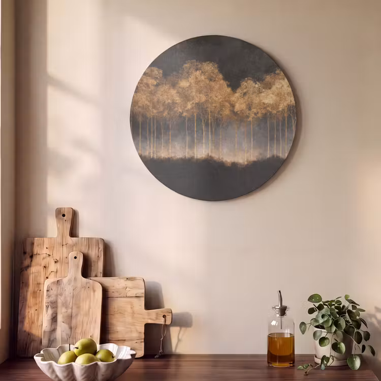 Akoestisch schilderij rond - Gouden Bomen in Mistig Landschap — 4