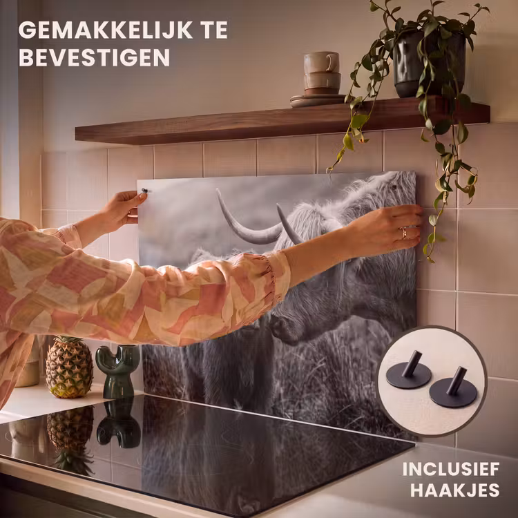 Inductiebeschermer & spatscherm (2in1) - Schotse hooglander - Kalf - Zwart - Wit — 7