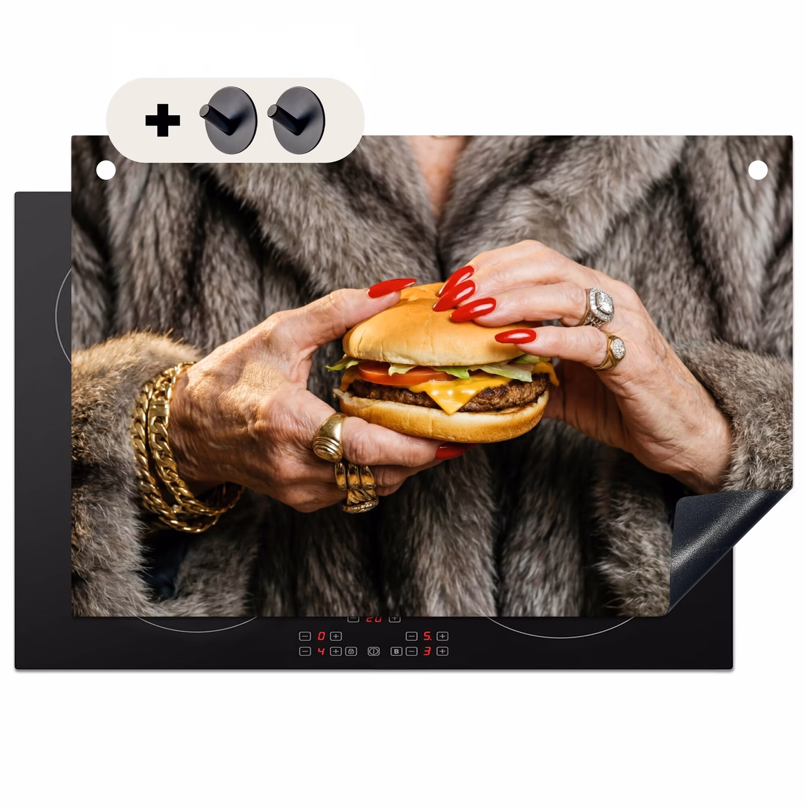 Inductiebeschermer & spatscherm (2in1) - Vrouw - Hamburger - Bontjas — 1