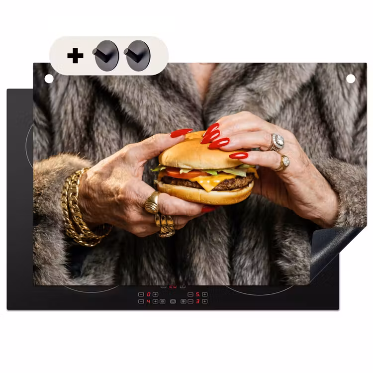 Inductiebeschermer & spatscherm (2in1) - Vrouw - Hamburger - Bontjas — 1