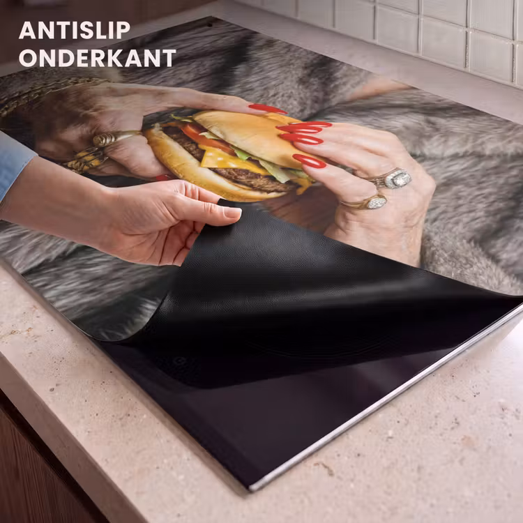 Inductiebeschermer & spatscherm (2in1) - Vrouw - Hamburger - Bontjas — 4