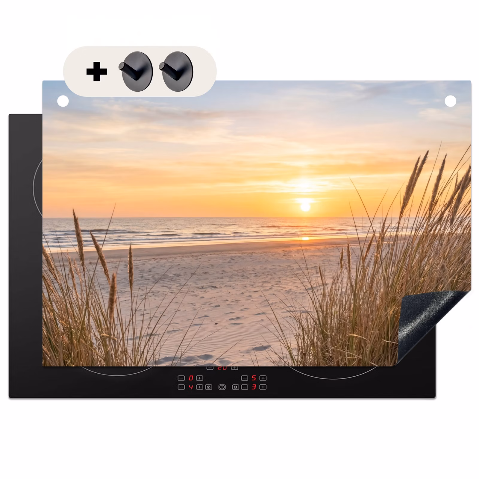 Inductiebeschermer & spatscherm (2in1) - Zonsondergang - Duinen - Zee — 1