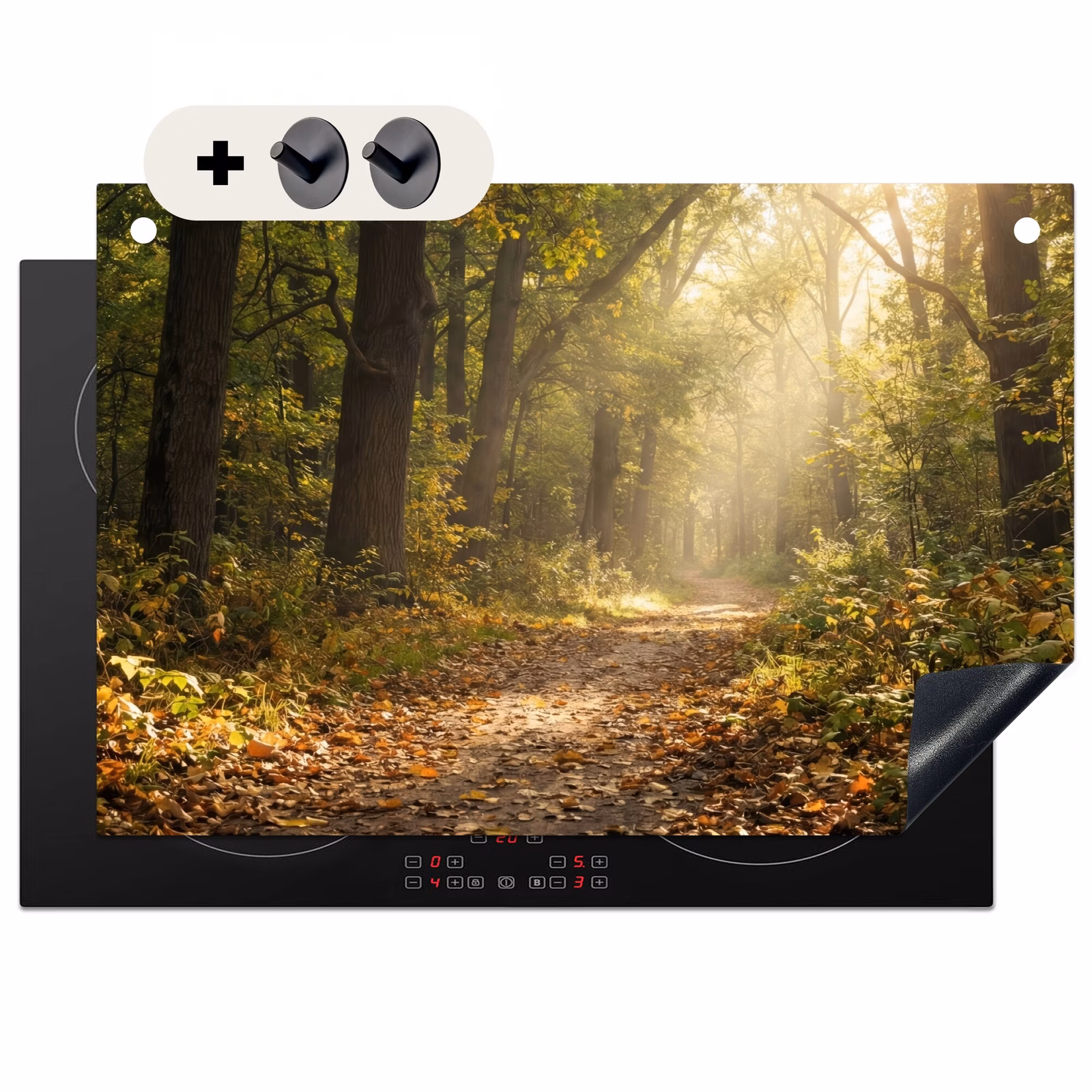 Inductiebeschermer & spatscherm (2in1) - Zonlicht - Bospad - Bomen — 1