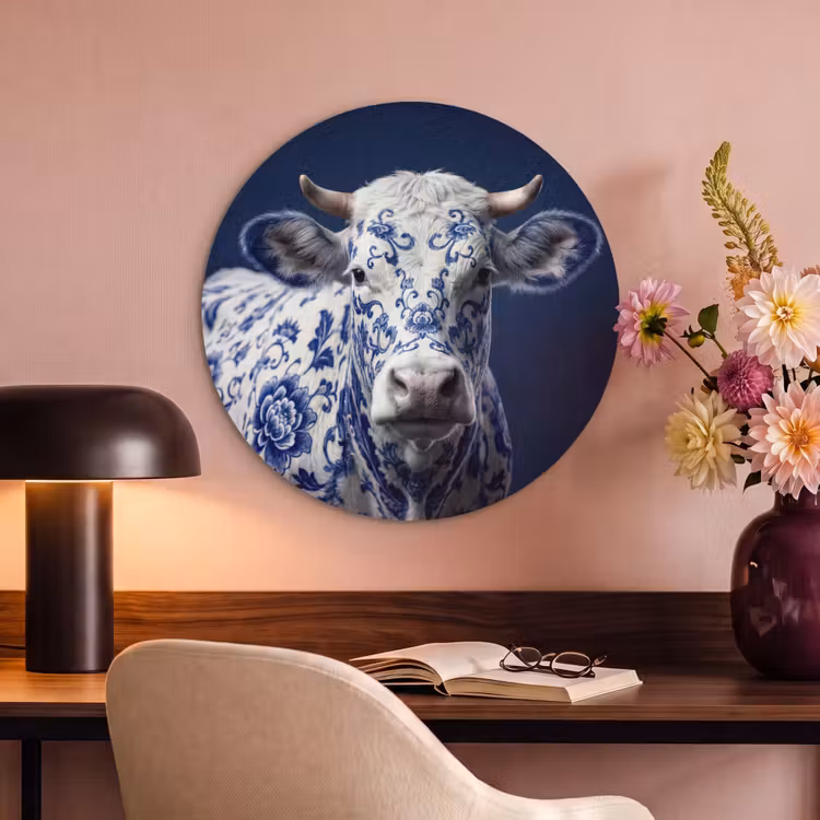 Akoestisch schilderij rond - Koe - Delfts - Blauw - Artistiek — 2