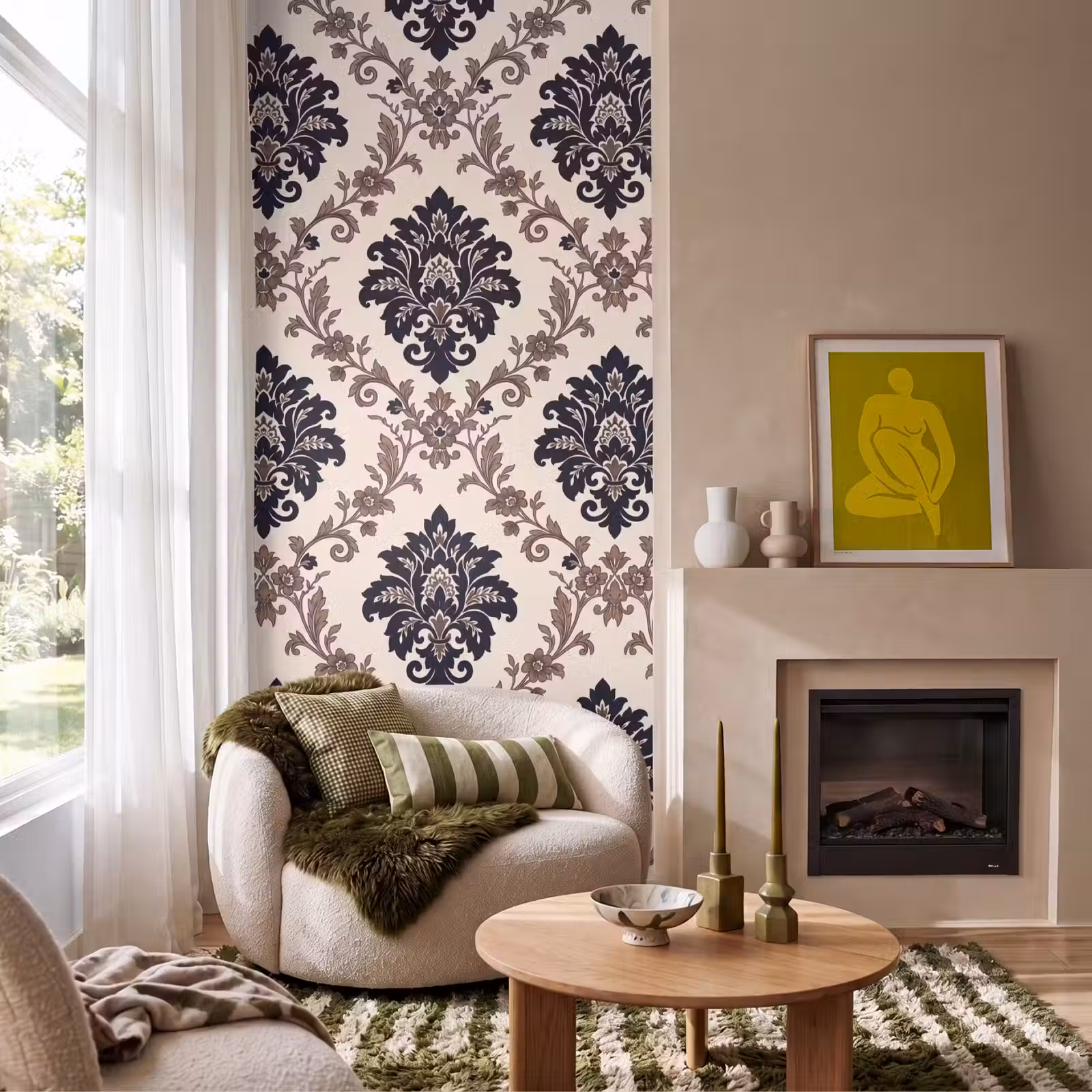 Behang - Patroon - Floraal - Klassiek - Beige-blauw — 1
