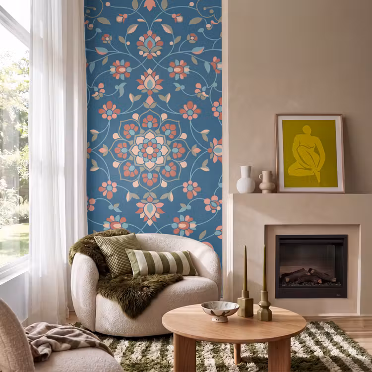Behang - Bloemen - Patroon - Natuur - Ornament - Blauw — 1