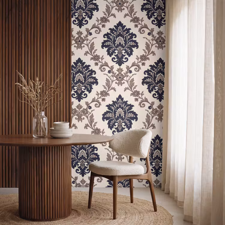 Behang - Patroon - Floraal - Klassiek - Beige-blauw — 4
