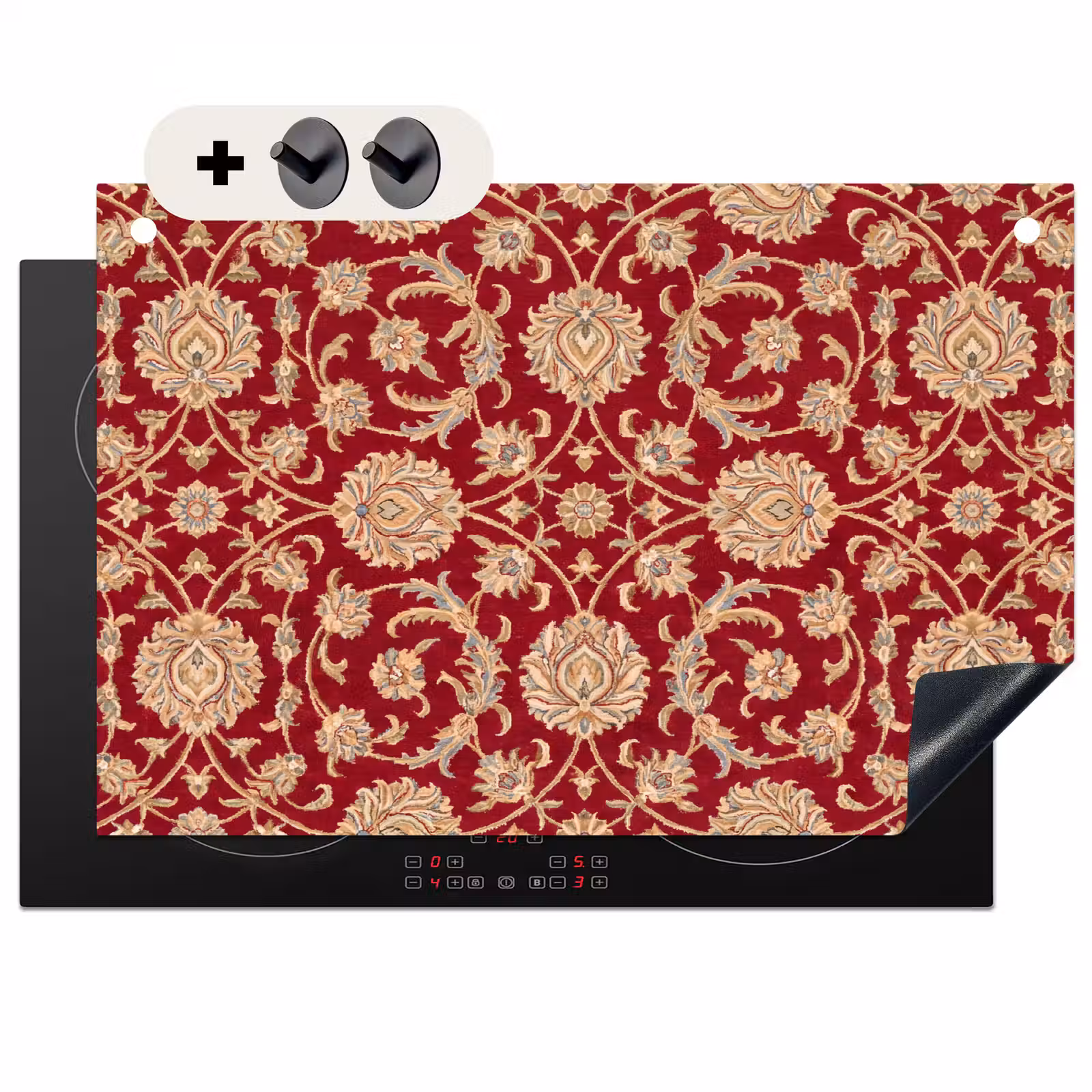Inductiebeschermer & spatscherm (2in1) - Patroon - Bloem - Klassiek - Oosters - Rood — 1