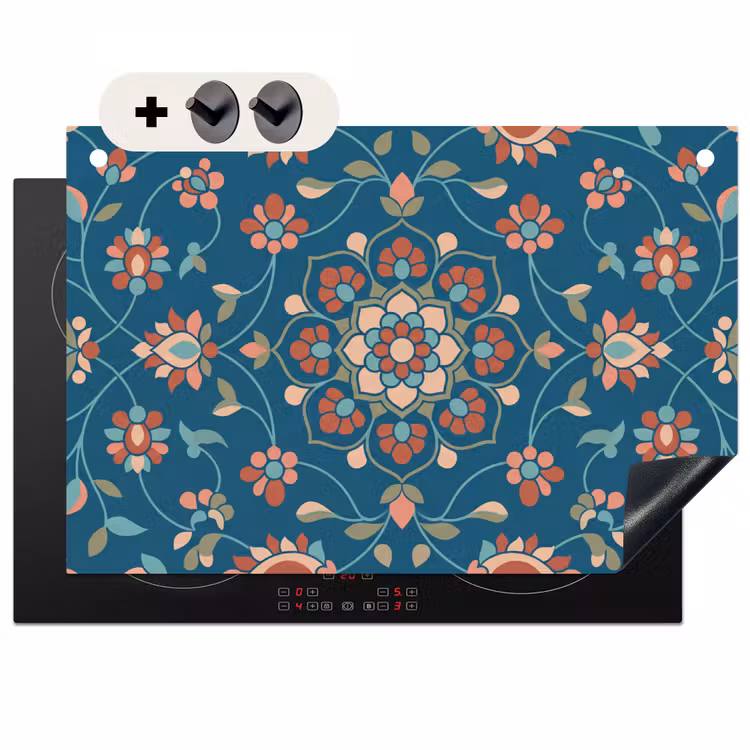 Inductiebeschermer & spatscherm (2in1) - Bloemen - Patroon - Natuur - Ornament - Blauw — 1
