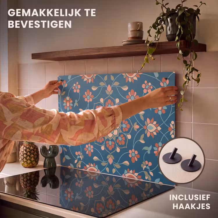 Inductiebeschermer & spatscherm (2in1) - Bloemen - Patroon - Natuur - Ornament - Blauw — 7