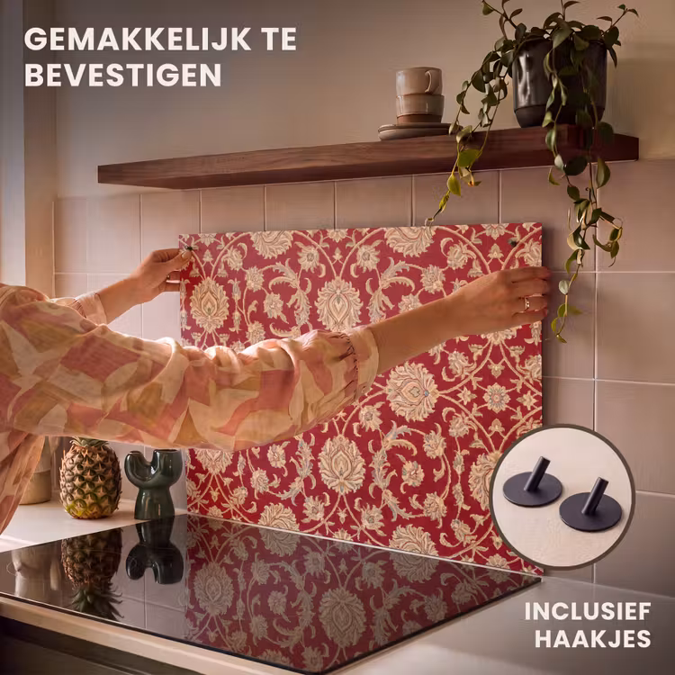 Inductiebeschermer & spatscherm (2in1) - Patroon - Bloem - Klassiek - Oosters - Rood — 7