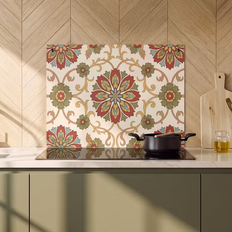 Inductiebeschermer & spatscherm (2in1) - Patroon - Bloemen - Ornament - Klassiek - Kleurrijk — 2