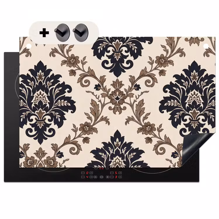 Inductiebeschermer & spatscherm (2in1) - Patroon - Floraal - Klassiek - Beige-blauw — 1