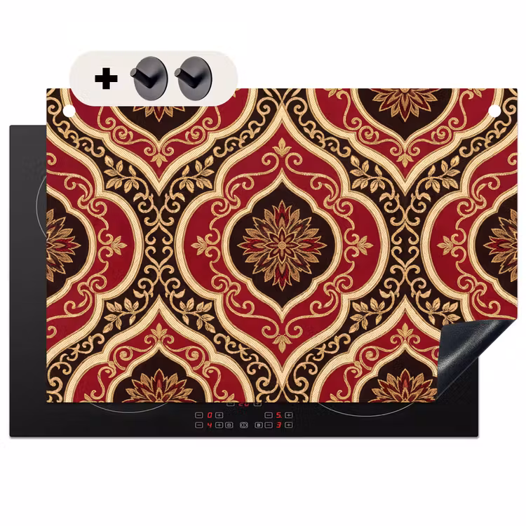 Inductiebeschermer & spatscherm (2in1) - Patroon - Ornament - Barok - Rood - Goud — 1