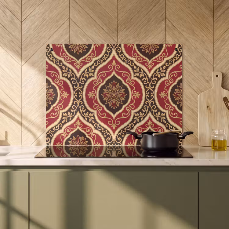 Inductiebeschermer & spatscherm (2in1) - Patroon - Ornament - Barok - Rood - Goud — 2